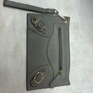 Bcbg gray faux leather zip wristlet